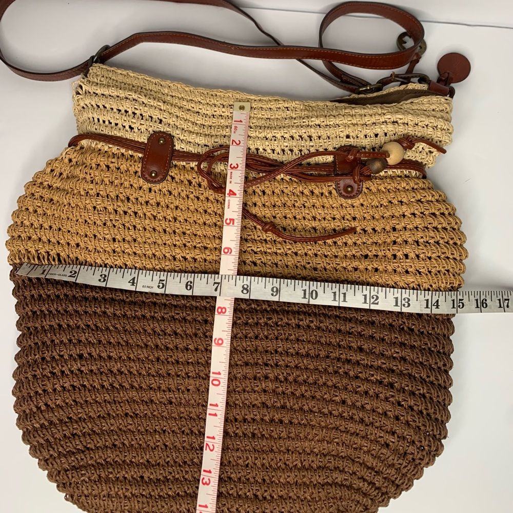 Lucky brand Boho straw rattan brown drawstring bucket bag charm-leather straps - Picture 10 of 16